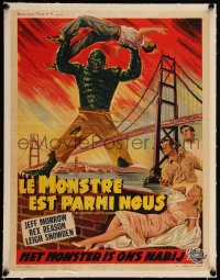 5h0600 CREATURE WALKS AMONG US linen Belgian 1956 great art of monster by Golden Gate Bridge!