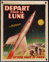 5h0610 DESTINATION MOON linen Belgian 1950 Robert A. Heinlein, art of rocket flying through space!