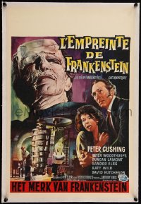5h0615 EVIL OF FRANKENSTEIN linen Belgian 1964 Peter Cushing, best different monster artwork!