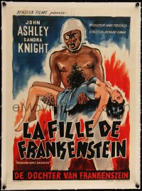 5h0630 FRANKENSTEIN'S DAUGHTER linen Belgian 1958 full-length art of wacky monster holding sexy girl!