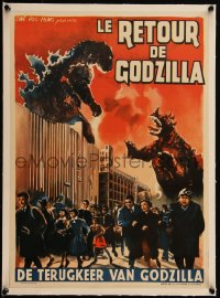 5h0632 GIGANTIS THE FIRE MONSTER linen Belgian 1959 different art of Godzilla attacking Angurus!