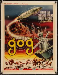5h0633 GOG linen Belgian 1954 sci-fi, wacky Frankenstein of steel robot destroys its makers!