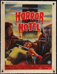 5h0642 HORROR HOTEL linen Belgian 1960 creepy artwork of human sacrifice, English horror!