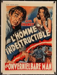 5h0652 INDESTRUCTIBLE MAN linen Belgian 1956 art of Lon Chaney Jr. as inhuman & invincible monster!