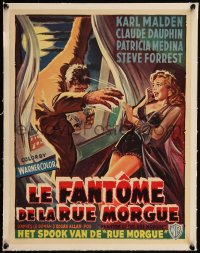 5h0688 PHANTOM OF THE RUE MORGUE linen Belgian 1954 art of monstrous man & sexy girl in nightie!
