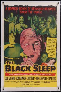 5h0449 BLACK SLEEP linen 1sh 1956 Lon Chaney Jr., Bela Lugosi, Tor Johnson, terror-drug wakes dead!