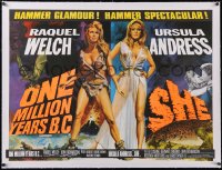 5h0394 ONE MILLION YEARS B.C./SHE linen British quad 1960s Welch & Andress, Chantrell art, day-glo!