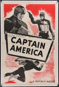 5h0455 CAPTAIN AMERICA linen stock 1sh R1950s he's with Captain Marvel and The Purple Monster!