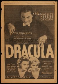 5h0056 DRACULA magazine page December 31, 1930 vampire Bela Lugosi lived on the KISSES OF YOUTH!