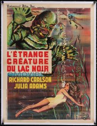 5h0377 CREATURE FROM THE BLACK LAGOON linen French 24x31 R1962 art of monster looming over Adams!