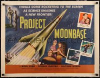 5h0538 PROJECT MOONBASE linen 1/2sh 1953 Robert Heinlein, cool art of rocket ship & astronauts!