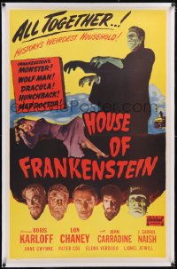 5h0476 HOUSE OF FRANKENSTEIN linen 1sh R1950 Boris Karloff, history's weirdest household, rare!