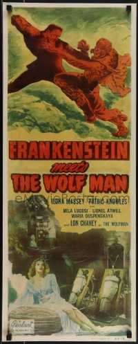 5h0005 FRANKENSTEIN MEETS THE WOLF MAN insert R1949 art of monsters Lugosi & Chaney fighting, rare!