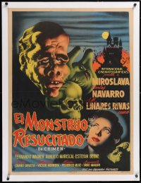 5h0405 EL MONSTRUO RESUCITADO linen Mexican poster 1955 art of disfigured guy & Miroslava, rare!