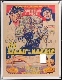 5h0407 EL SIGNO DE LA MUERTE linen export Mexican poster 1939 Cantinflas & nude female sacrifice, rare!