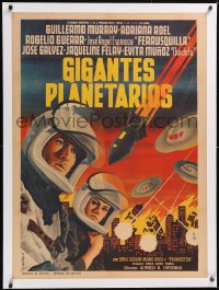 5h0410 GIGANTES PLANETARIOS linen Mexican poster 1965 astronauts & alien UFOs attacking, rare!