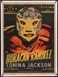 5h0411 HURACAN RAMIREZ linen Mexican poster 1953 great Juanino art of fierce masked wrestler, rare!