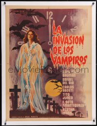 5h0414 LA INVASION DE LOS VAMPIROS linen Mexican poster 1963 vampire in see-through robe by Mendoza!