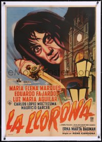 5h0415 LA LLORONA linen Mexican poster 1960 Mendoza art of crazed Maria Elena Marquez w/knife, rare!