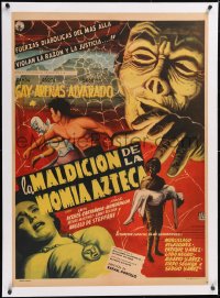 5h0417 LA MALDICION DE LA MOMIA AZTECA linen Mexican poster 1957 art of Aztec mummy & masked wrestler!