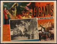 5h0553 GIGANTIS THE FIRE MONSTER linen Mexican LC 1960 people flee Godzilla fighting Angurus in city!