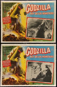 5h0545 GODZILLA 8 linen Mexican LCs 1956 great rubbery monster special effects scene & border art!