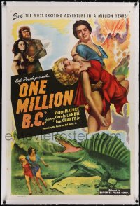 5h0497 ONE MILLION B.C. linen 1sh R1952 art of caveman Victor Mature saving Carole Landis from dino!