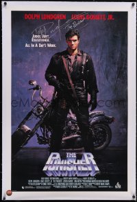 5h0380 PUNISHER signed linen 27x41 video poster 1989 by Dolph Lundgren, as the Marvel Comics hero!