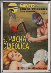 5h0387 EL HACHA DIABOLICA linen Spanish 1966 Santo rescuing girl from masked executioner, ultra rare!