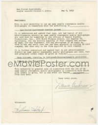 5j0020 DANA ANDREWS signed contract 1949 agreeing to advertise sportswear leather jackets!