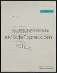 5j0032 OTTO PREMINGER signed contract 1978 giving a corporation the right to use his name!