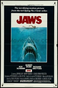5j1018 JAWS 1sh 1975 art of Spielberg's classic man-eating shark attacking naked swimmer!