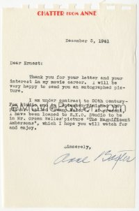 5j0039 ANNE BAXTER signed letter 1941 telling she was loaned to RKO for The Magnificent Ambersons!