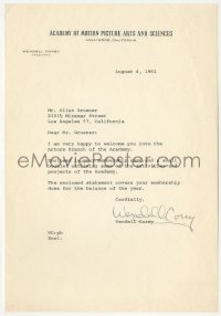 5j0057 WENDELL COREY signed letter 1961 President of Motion Picture Academy, welcoming new member!