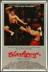 5k0345 BLOODSPORT 1sh 1988 cool image of Jean Claude Van Damme kicking Bolo Yeung in his huge pecs!