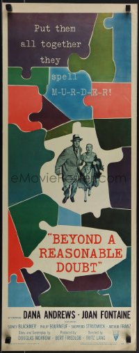 5k0902 BEYOND A REASONABLE DOUBT insert 1956 Fritz Lang noir, art of Dana Andrews & Joan Fontaine!