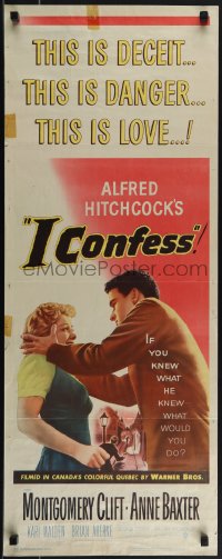 5k0927 I CONFESS insert 1953 Alfred Hitchcock, art of Montgomery Clift shaking Anne Baxter!