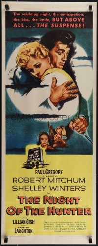 5k0952 NIGHT OF THE HUNTER insert 1955 Robert Mitchum with love & hate hands hugs Shelley Winters!