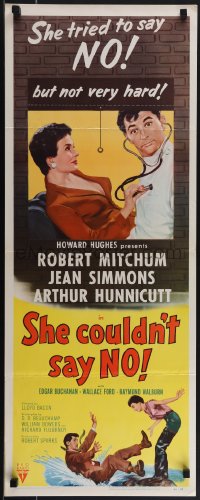 5k0974 SHE COULDN'T SAY NO insert 1954 sexy short-haired Jean Simmons examines Dr. Robert Mitchum!