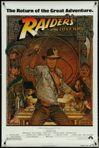 5k0484 RAIDERS OF THE LOST ARK 1sh R1982 great Richard Amsel art of adventurer Harrison Ford!