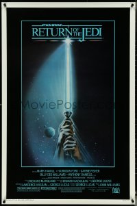 5k0489 RETURN OF THE JEDI 1sh 1983 Star Wars, great art of hands holding lightsaber by Tim Reamer!