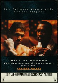 5k0140 HILL VS HEARNS signed tv poster 1991 by boxer Thomas 'Hitman' Hearns, he wins this fight!