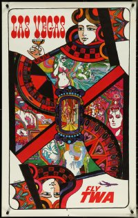 5k0226 TWA LAS VEGAS 25x40 travel poster 1960s David Klein queen poker playing card art, ultra rare!