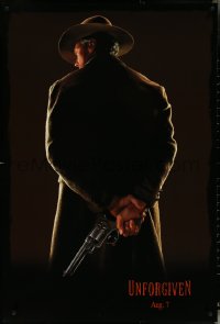 5k0551 UNFORGIVEN teaser DS 1sh 1992 image of gunslinger Clint Eastwood w/back turned, dated design!