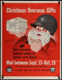 5k0632 CHRISTMAS OVERSEAS GIFTS 21x27 WWII war poster 1945 art of Santa w/ Army helmet giving tips!