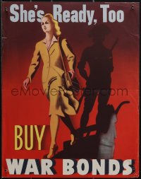 5k0650 SHE'S READY TOO BUY WAR BONDS 11x14 WWII war poster 1942 pretty woman & soldier's silhouette!