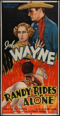 5p0413 RANDY RIDES ALONE linen 3sh 1934 great art of John Wayne & Vaughn over flames, ultra rare!