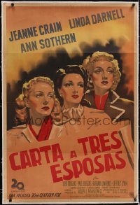 5p0885 LETTER TO THREE WIVES linen Argentinean 1949 Gargiulo art of Crain, Darnell & Sothern, rare!