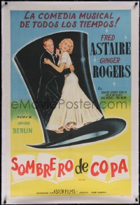 5p0892 TOP HAT linen Argentinean R1950s art of Fred Astaire & Ginger Rogers dancing in top hat!