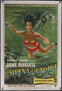 5p0894 UNDERWATER linen Argentinean 1955 Howard Hughes, sexiest artwork of skin diver Jane Russell!
